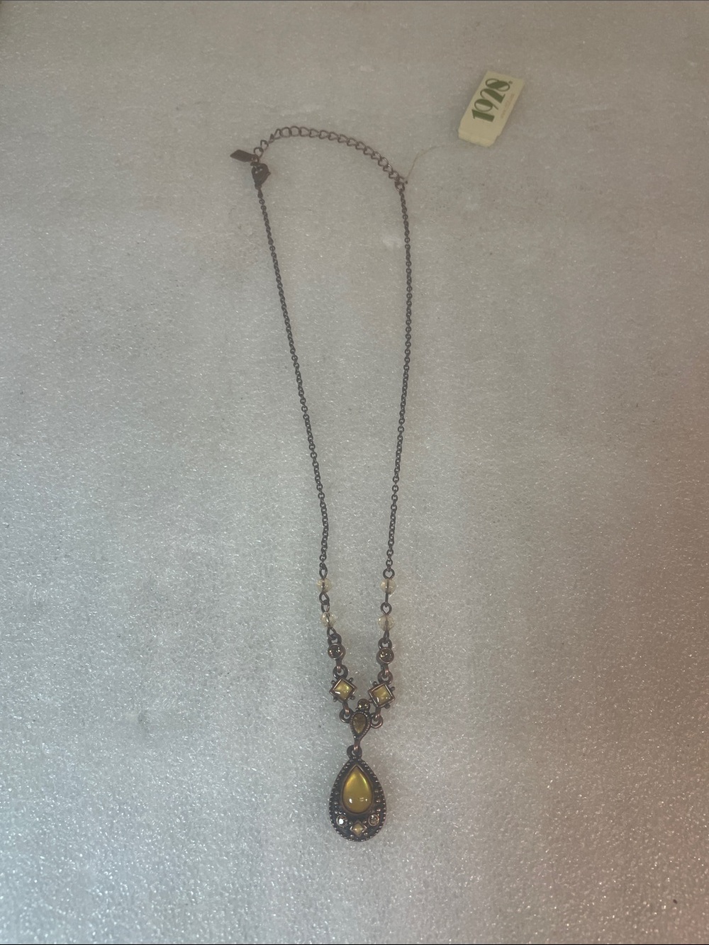 1928 Yellow Teardrop Pendant Necklace with Antique Gold Chain